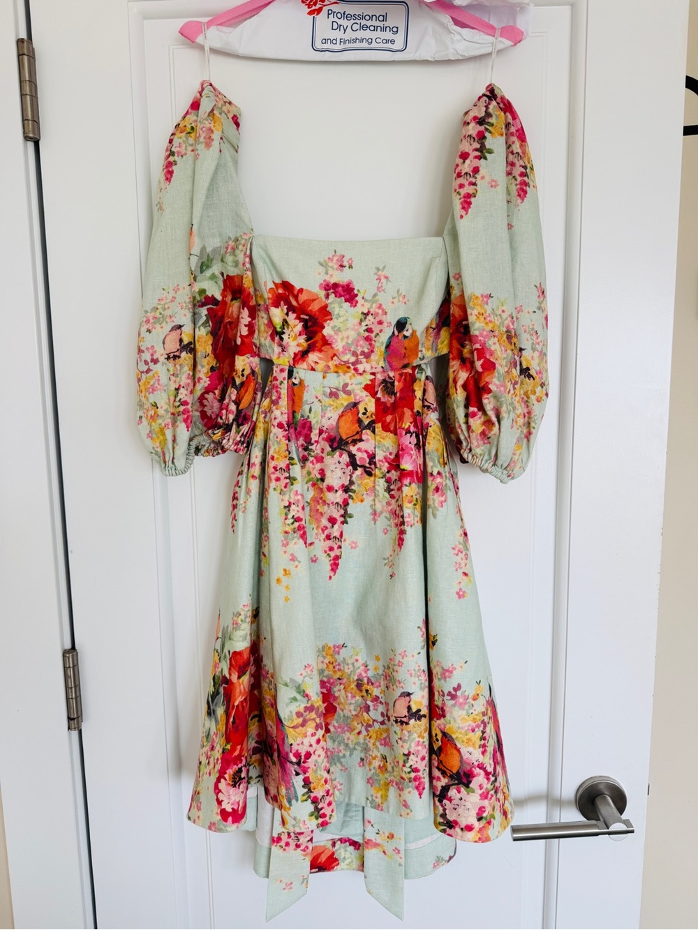 Zimmermann Mint Floral Puff-Sleeve Cut Out Mae Mini Dress Sz 1 AU - Picture 11 of 15